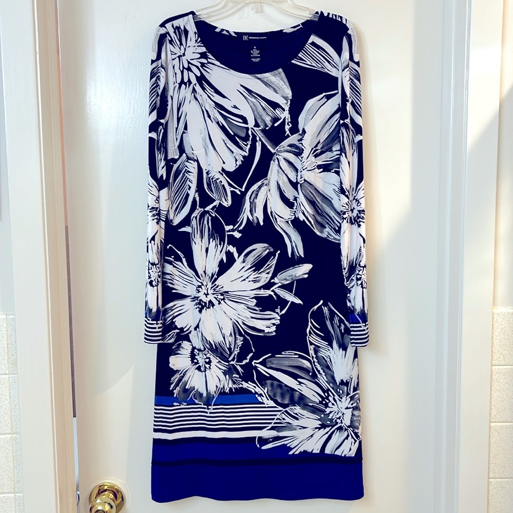 INC International Concepts dress in black, white, grey & cobalt blue floral